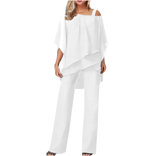 Kvinders Off-Shoulder Buksedragt i Let Lag-Poncho Stil | Elegant To-delt Sæt til Fest og Hverdag