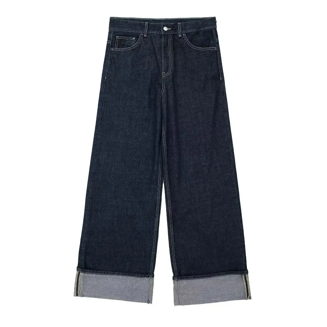 Kvinders denim sæt | Kort jakke og vide jeans | Klassisk look i mørk vask