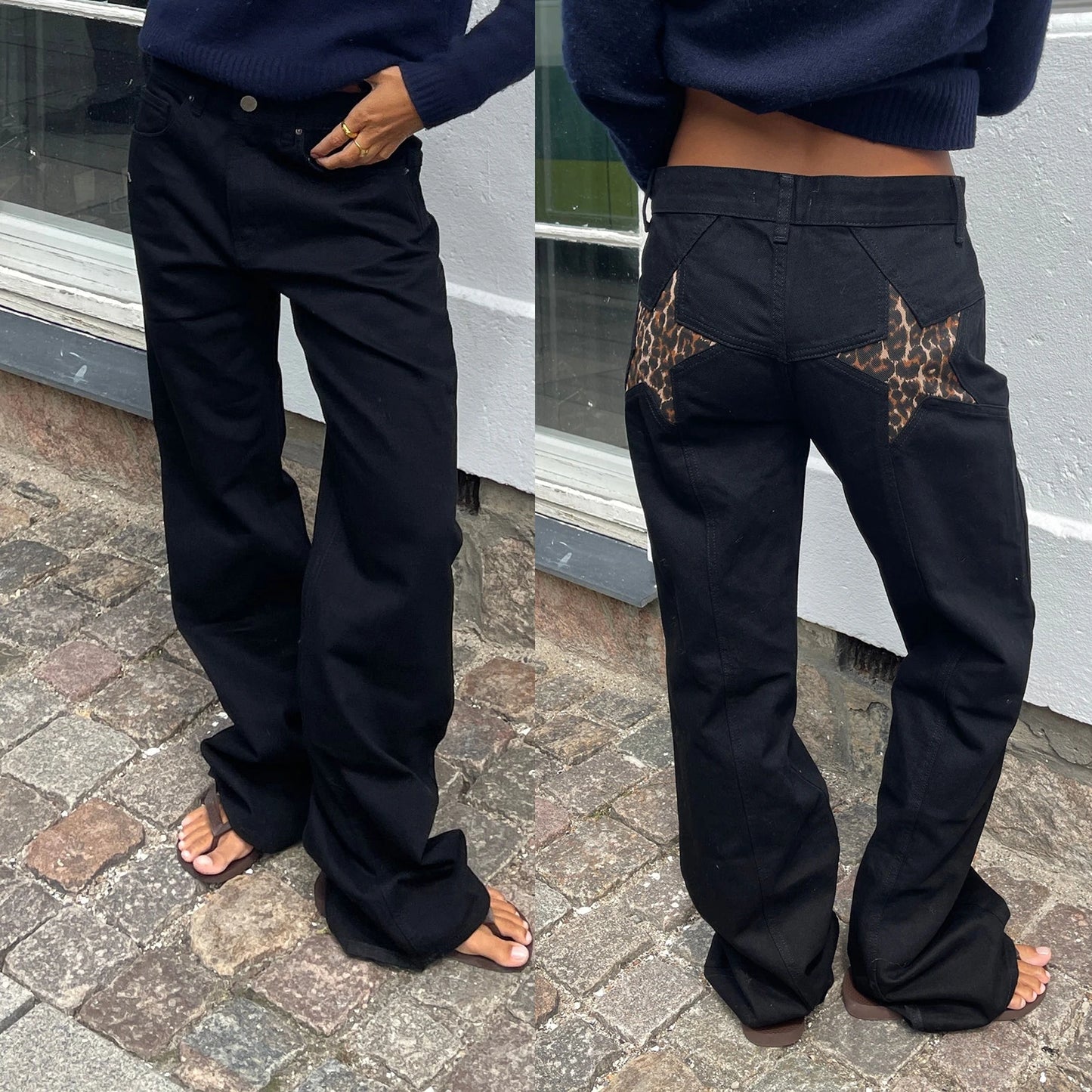 Dame Jeans med Stjerneprint | Løs Pasform | Lav Talje | Vintage Y2K Denim Bukser