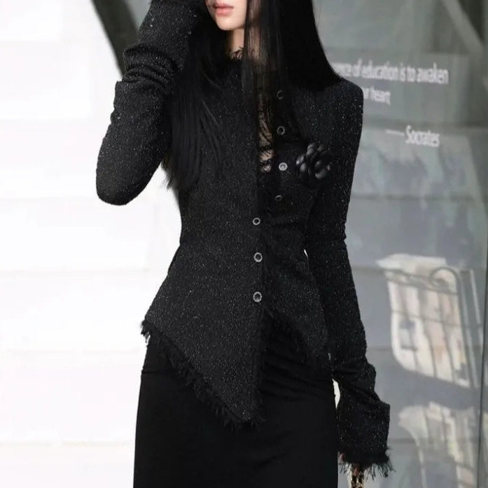 Elegant Sort Tweedjakke | Glitrende Slim Fit | Efterår & Vinter