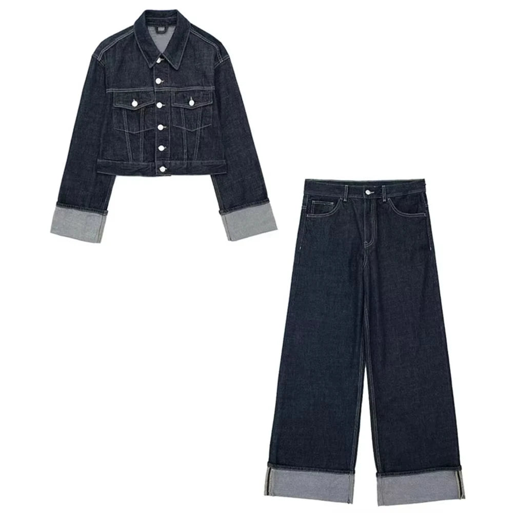 Kvinders denim sæt | Kort jakke og vide jeans | Klassisk look i mørk vask