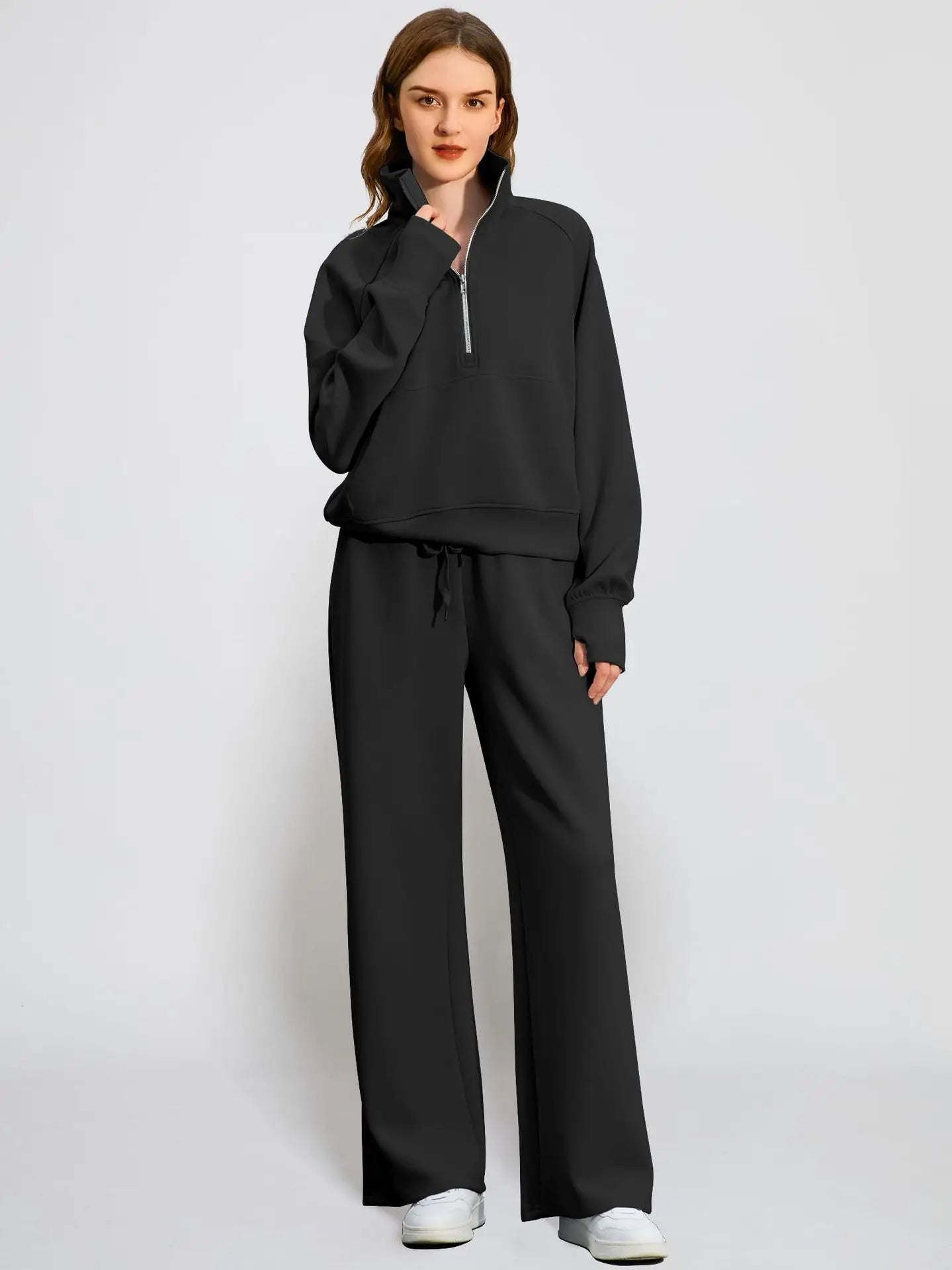 Dame Jogging Sæt | Halv Lynlås Sweatshirt & Vide Bukser | Komfortabelt & Stilrent To-delt Sæt