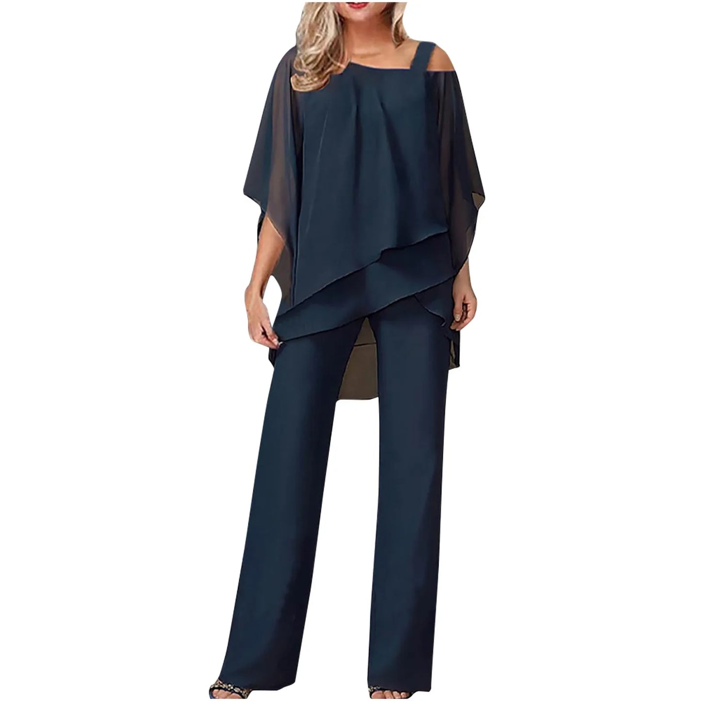 Kvinders Off-Shoulder Buksedragt i Let Lag-Poncho Stil | Elegant To-delt Sæt til Fest og Hverdag