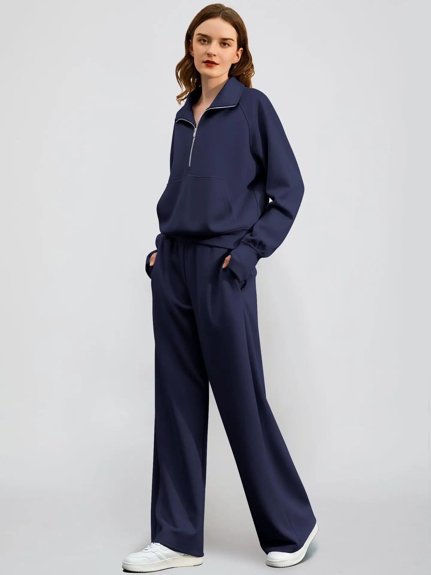 Dame Jogging Sæt | Halv Lynlås Sweatshirt & Vide Bukser | Komfortabelt & Stilrent To-delt Sæt