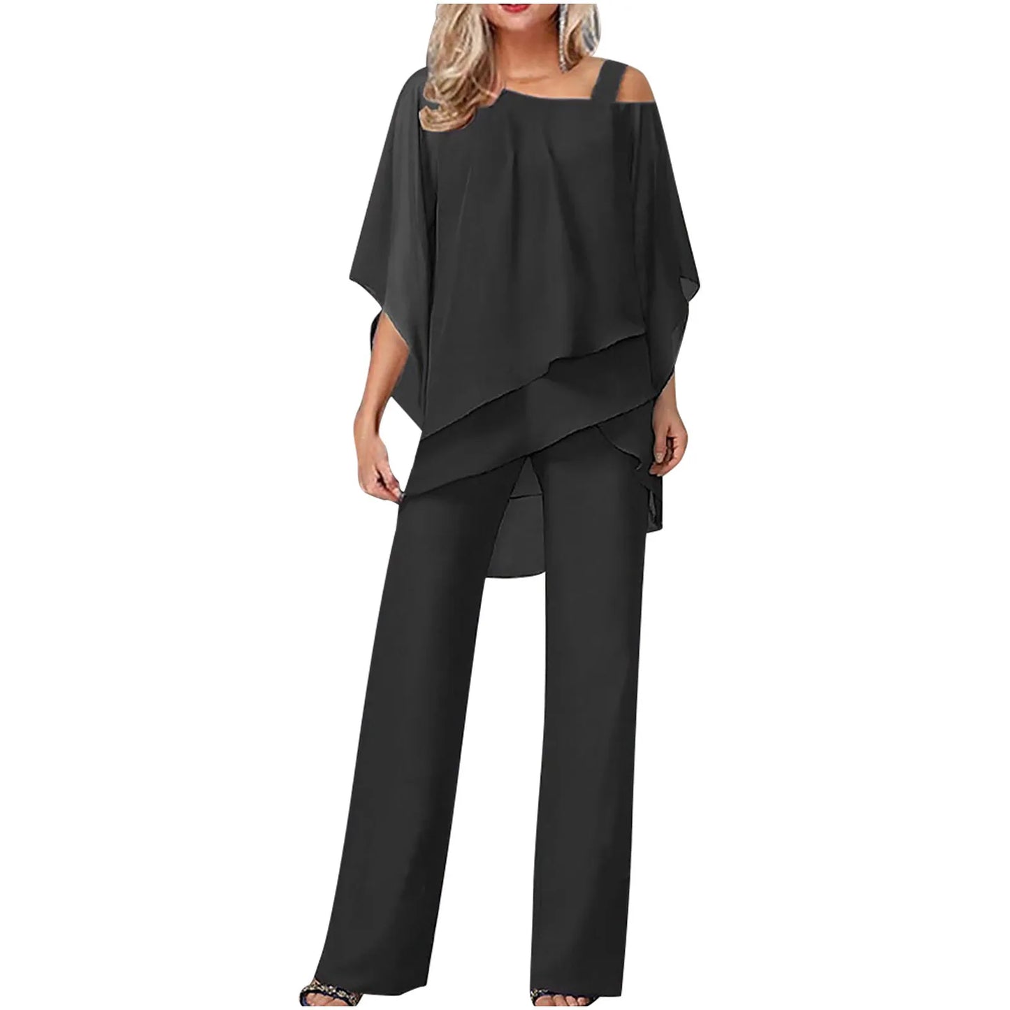 Kvinders Off-Shoulder Buksedragt i Let Lag-Poncho Stil | Elegant To-delt Sæt til Fest og Hverdag
