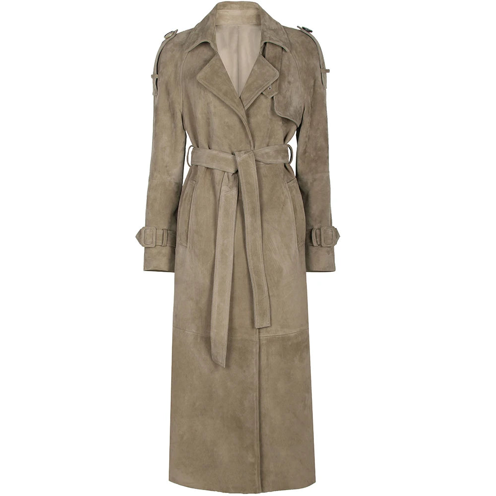 Dobbeltradet trenchcoat i ægte ruskindslæder til kvinder