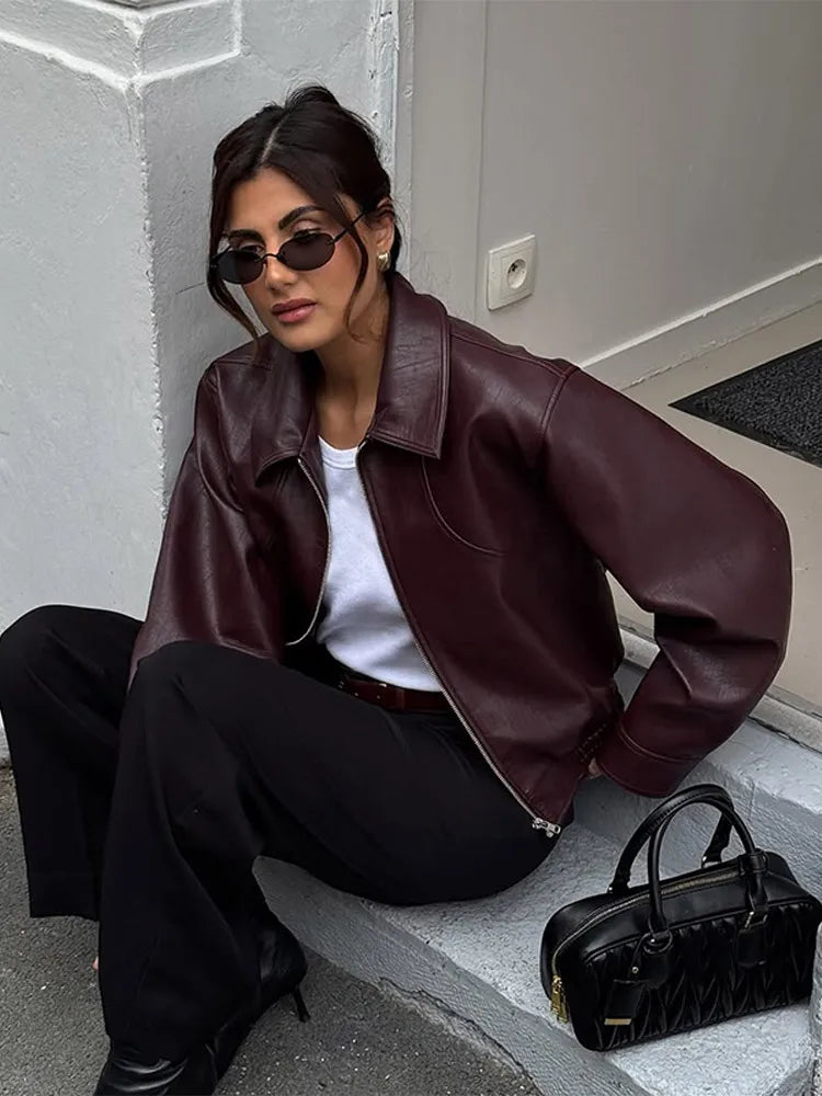 Dame Læderjakke i Retro Stil | Kort PU Jakke med Revers & Lynlås | Streetwear Look