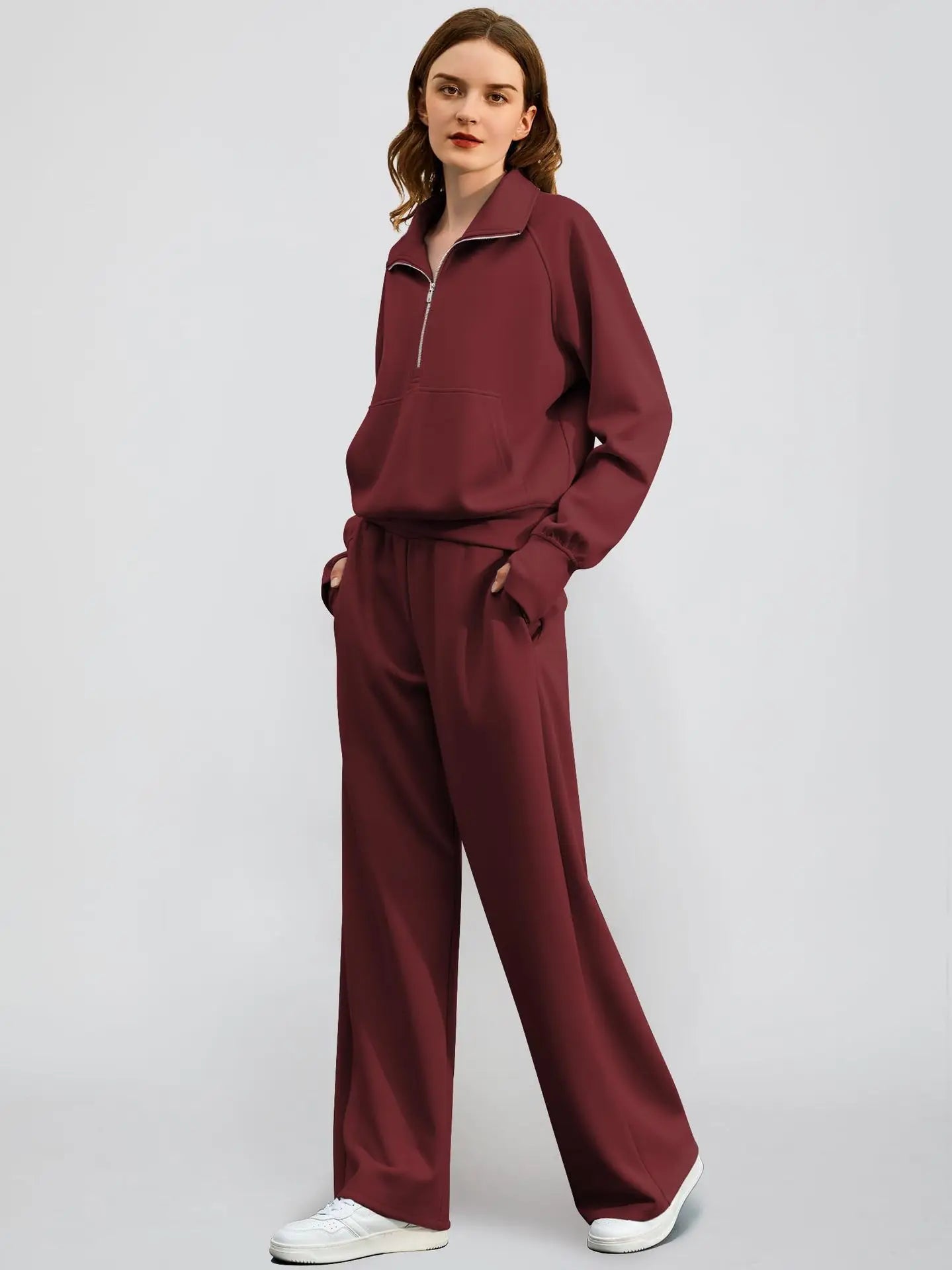 Dame Jogging Sæt | Halv Lynlås Sweatshirt & Vide Bukser | Komfortabelt & Stilrent To-delt Sæt