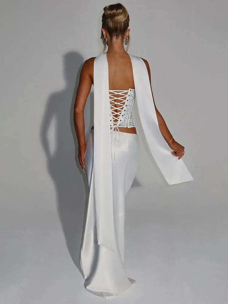 To-delt sæt til kvinder | Stropløs paillet-top | Satin maxinederdel til fest og aften