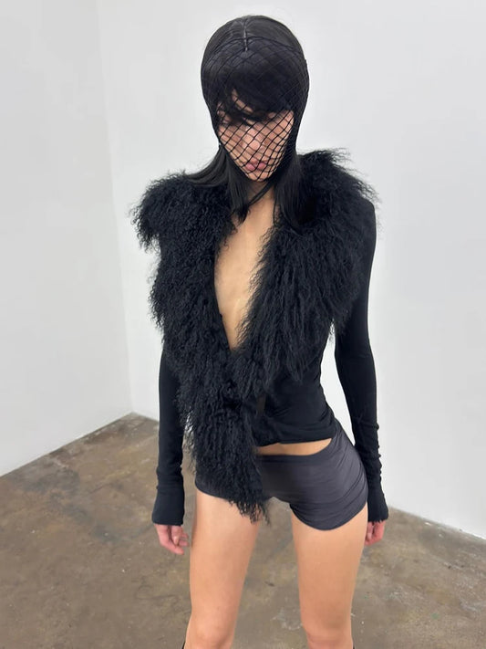 Elegant Struktureret Top Med Fuzzy Patchwork Og Dyb V-Hals