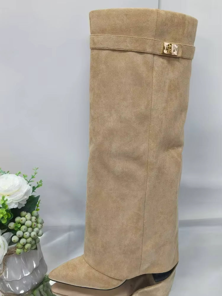 Dame knæhøje støvler med fold-over design | Blød stof med mat finish