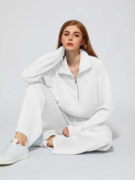 Dame Jogging Sæt | Halv Lynlås Sweatshirt & Vide Bukser | Komfortabelt & Stilrent To-delt Sæt