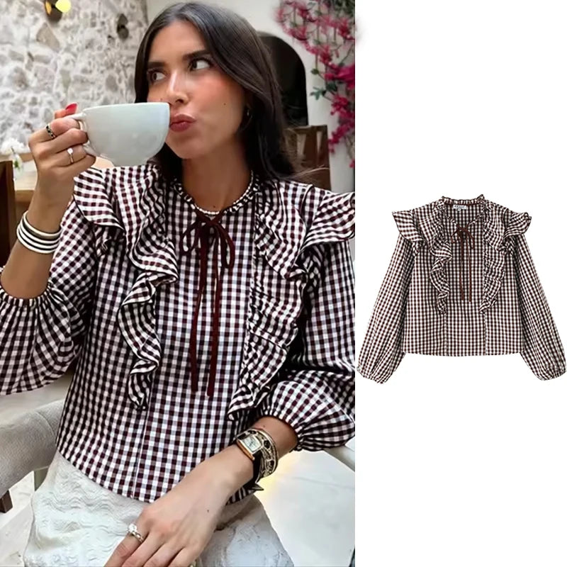 Plaid Lagdelt Bluse til Kvinder | Chic afslappet street top