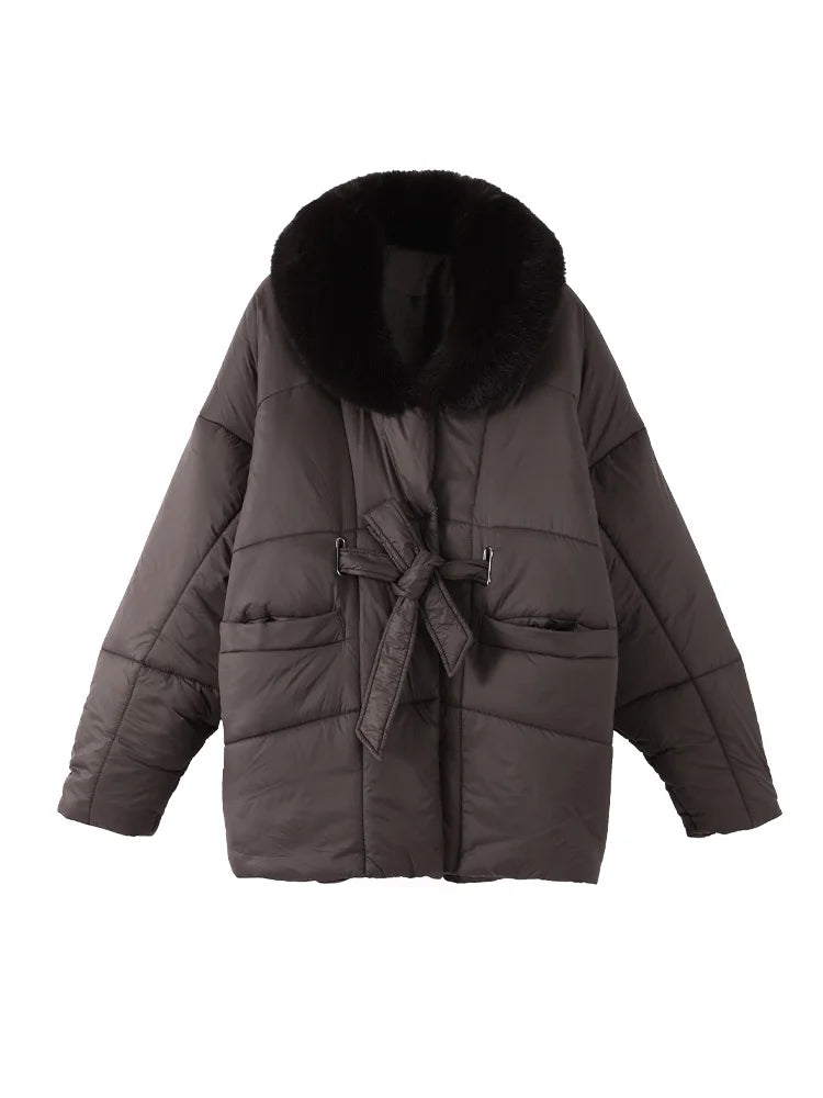 Elegant Padded Jakke Med Faux Fur Krave Og Bindebånd