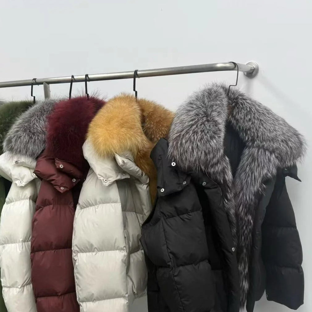 Luksus Dunfrakke med Aftagelige Ærmer | 90% Hvid Gåsedun | Ægte Ræv Krave