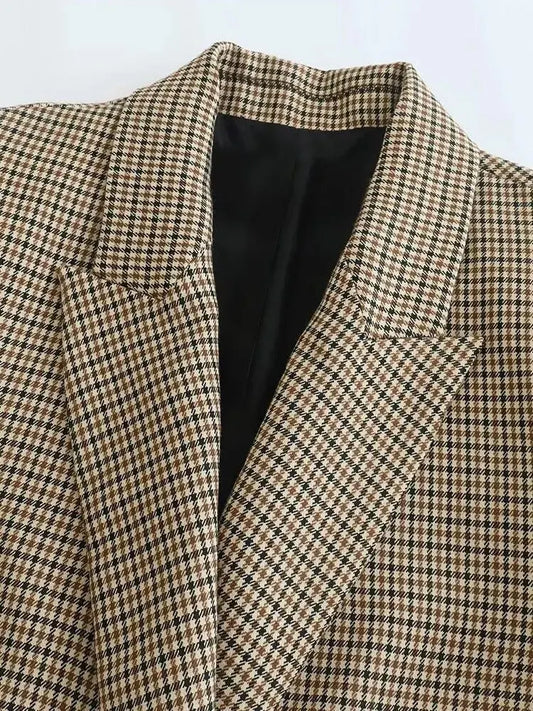 Plaid Blazer til Kvinder | Klassisk Dobbeltknot Blazerjakke