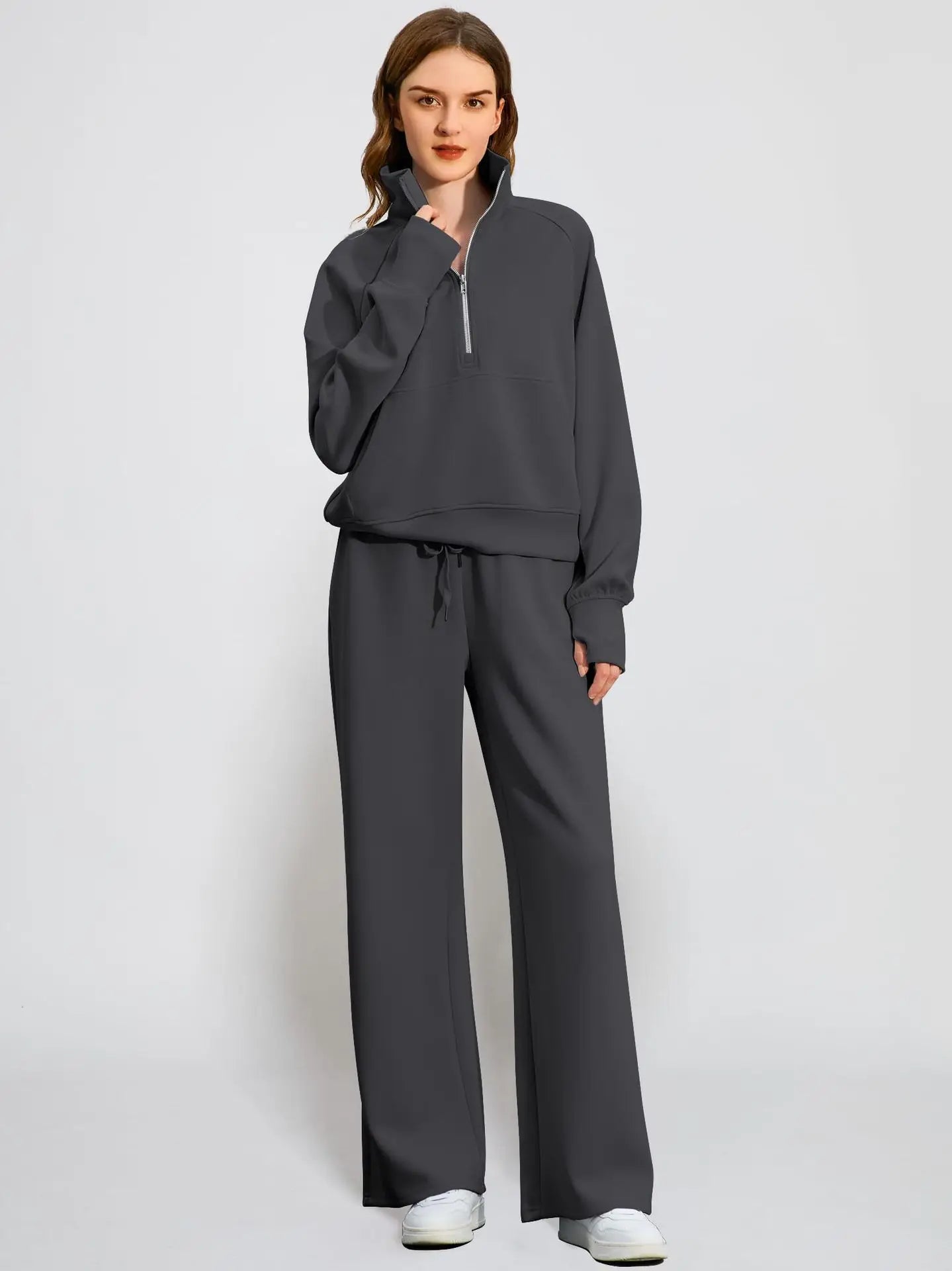 Dame Jogging Sæt | Halv Lynlås Sweatshirt & Vide Bukser | Komfortabelt & Stilrent To-delt Sæt