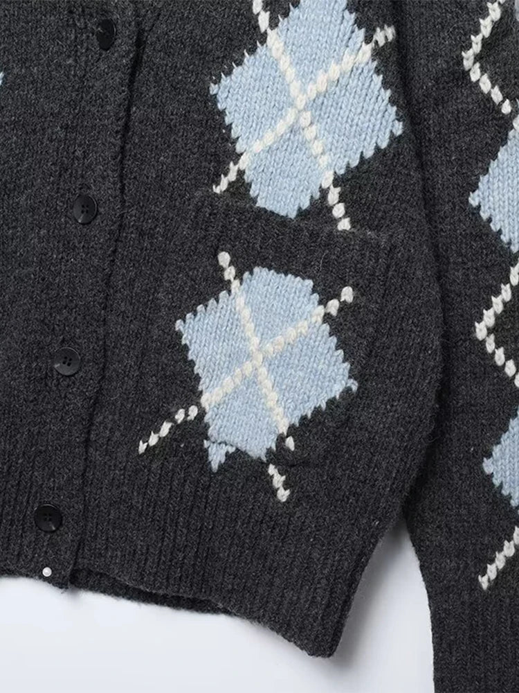 Elegant Vintage Argyle Cardigan Med Løs Pasform