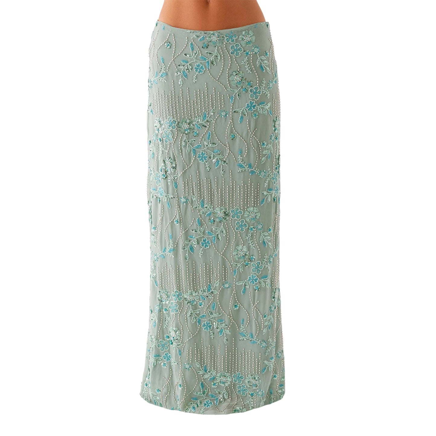 Maxi Nederdel til Kvinder | Perle- og Pailletdetaljer | Høj Talje | Elegant Snit
