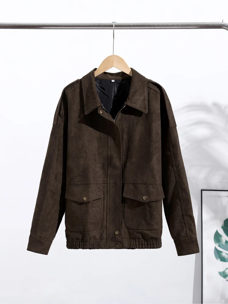 Kort Damejakke i Ruskind-look | Lynlås & Klassisk Krave | Vintage Stil til Efterår & Vinter