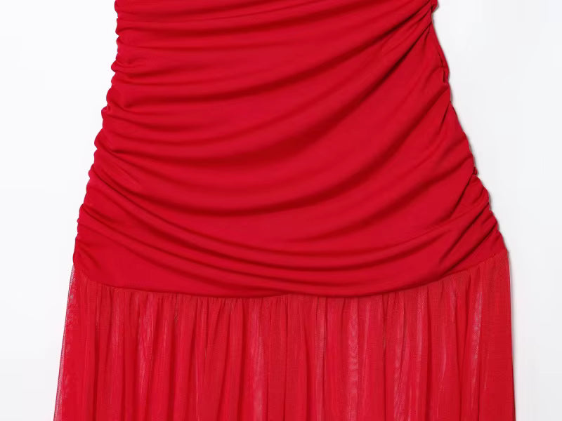Elegant Rød Aftenkjole | Plisseret Lang Kjole | Ærmeløs Slim Fit A-line Kjole