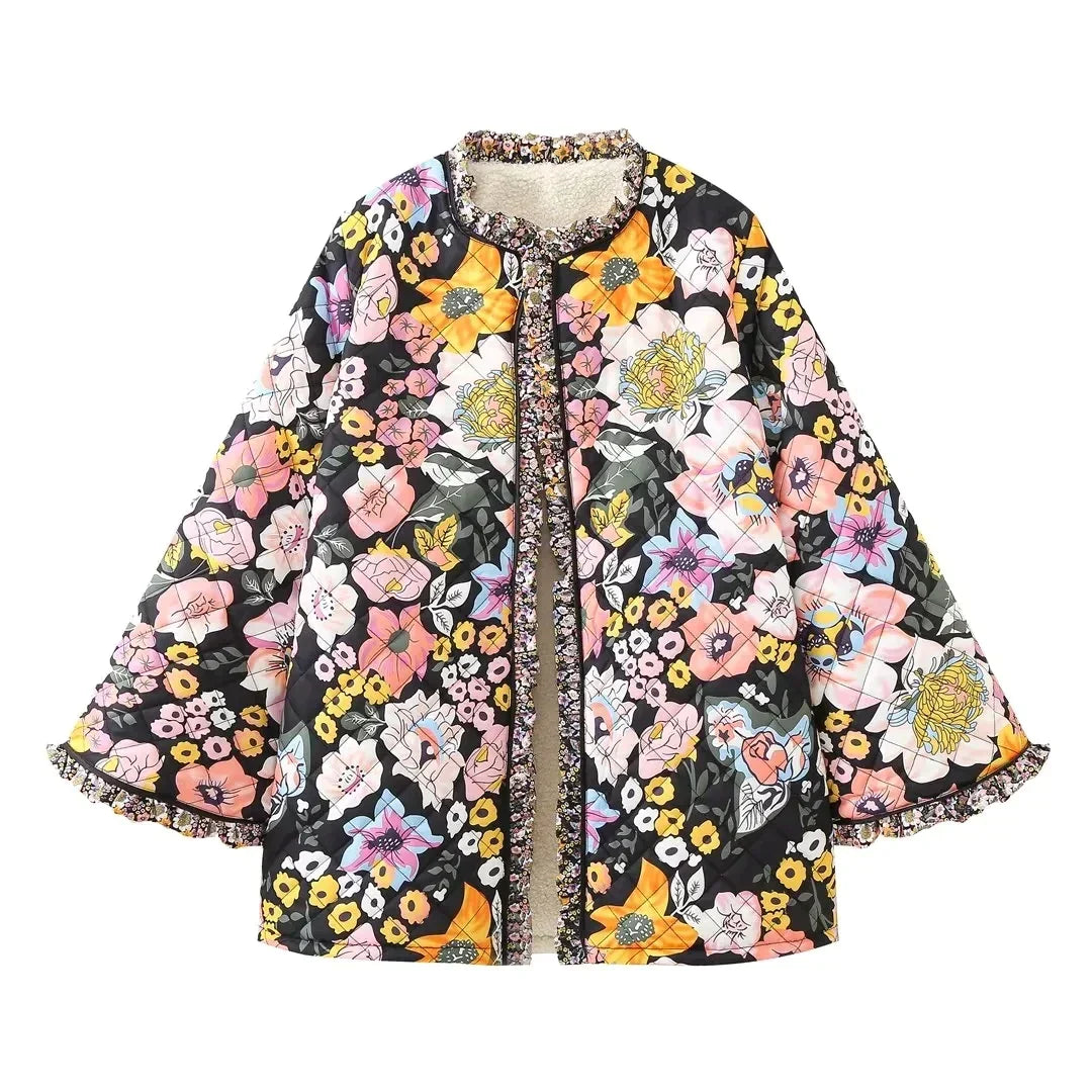 Kvinders Quiltet Jakke med Blomsterprint | Løs Pasform | Varm og Vintage-Inspireret Efterårsjakke