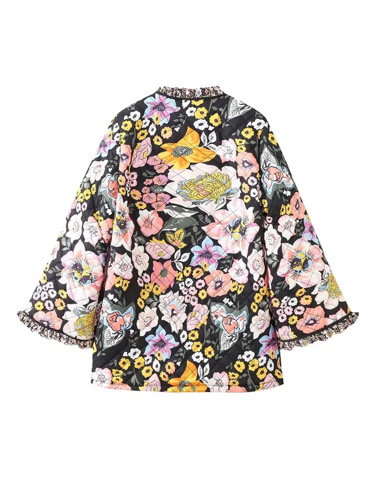 Kvinders Quiltet Jakke med Blomsterprint | Løs Pasform | Varm og Vintage-Inspireret Efterårsjakke