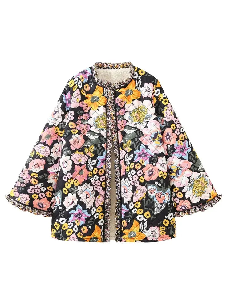 Kvinders Quiltet Jakke med Blomsterprint | Løs Pasform | Varm og Vintage-Inspireret Efterårsjakke