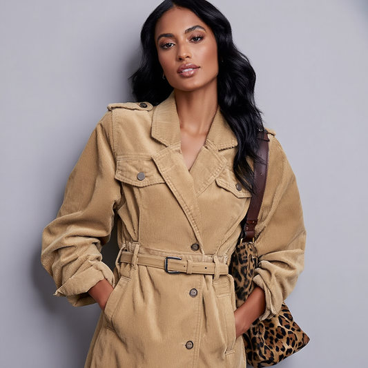 Lang fløjlskjole/jakke til kvinder | Skræddersyet pasform | Bælte og reverskrave