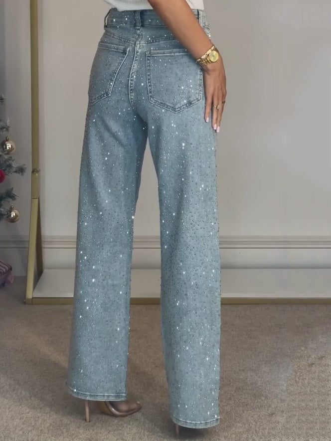 Dame Jeans med Glimmerdetaljer | Høj Talje | Komfortabel & Elegant Pasform