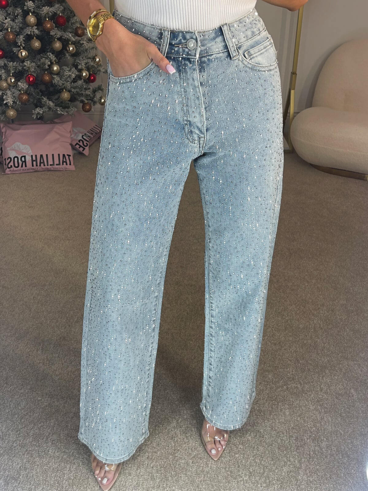 Dame Jeans med Glimmerdetaljer | Høj Talje | Komfortabel & Elegant Pasform