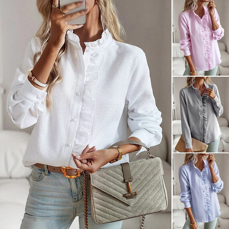 Kvinders Bluse med Flæsedetaljer | Klassisk Snit | Elegant og Let til Forår og Efterår