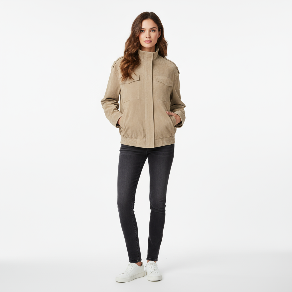 Kvinders jakke i ruskind-look | Beige overgangsjakke | Elegant design med utility-detaljer
