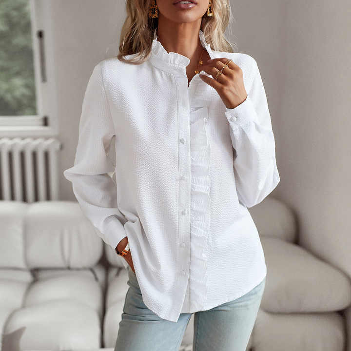 Kvinders Bluse med Flæsedetaljer | Klassisk Snit | Elegant og Let til Forår og Efterår