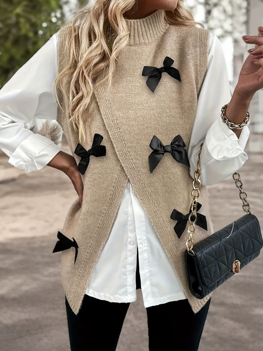 Elegant ærmeløs striktop med slidsdesign, sløjfedetaljer og høj hals til kvinder