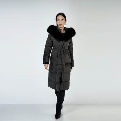 Lang vatteret vinterfrakke til kvinder | Bindebælte | Hætte med imitert pelskant