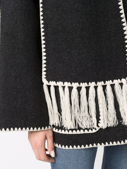 Elegant Damefrakke med Integreret Tørklæde | Uld-Look | Sofistikeret Design til Efterår og Vinter