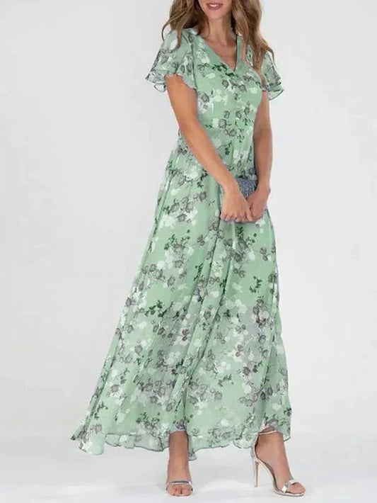 Maxi kjole med blomsterprint – V-hals | Flæseærmer | Let, transparent fald | Elegant A-line silhuet