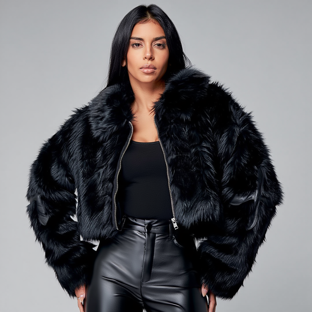 Dame kort vinterjakke i imitationpels | Boxy model med lapelkrave og skjult lukning