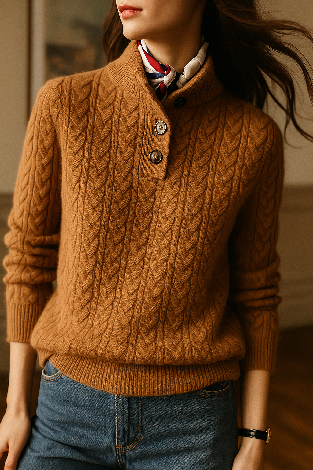 Dame sweater| Knaplukning | Klassisk kabelstrik