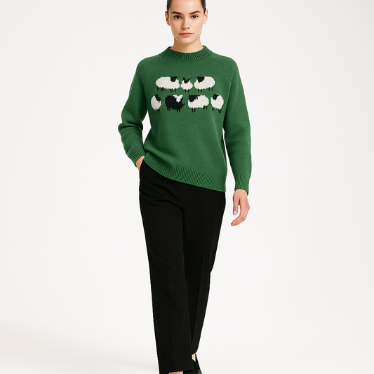 Vinterstriktrøje til Kvinder | Blød Vintage Sweater med Fårmotiv