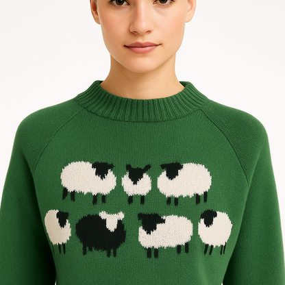 Vinterstriktrøje til Kvinder | Blød Vintage Sweater med Fårmotiv