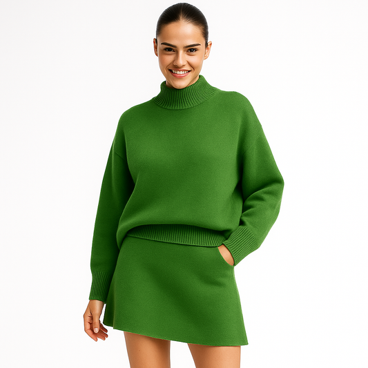 Dame sæt med sweater og nederdel | Blød finstrik | Elegant og tidløs stil