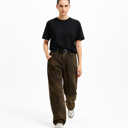 Dame Jeans med Leopardmønster | Løs Pasform | Høj Talje | Vintage Streetwear Stil