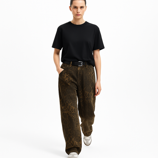 Dame Jeans med Leopardmønster | Løs Pasform | Høj Talje | Vintage Streetwear Stil
