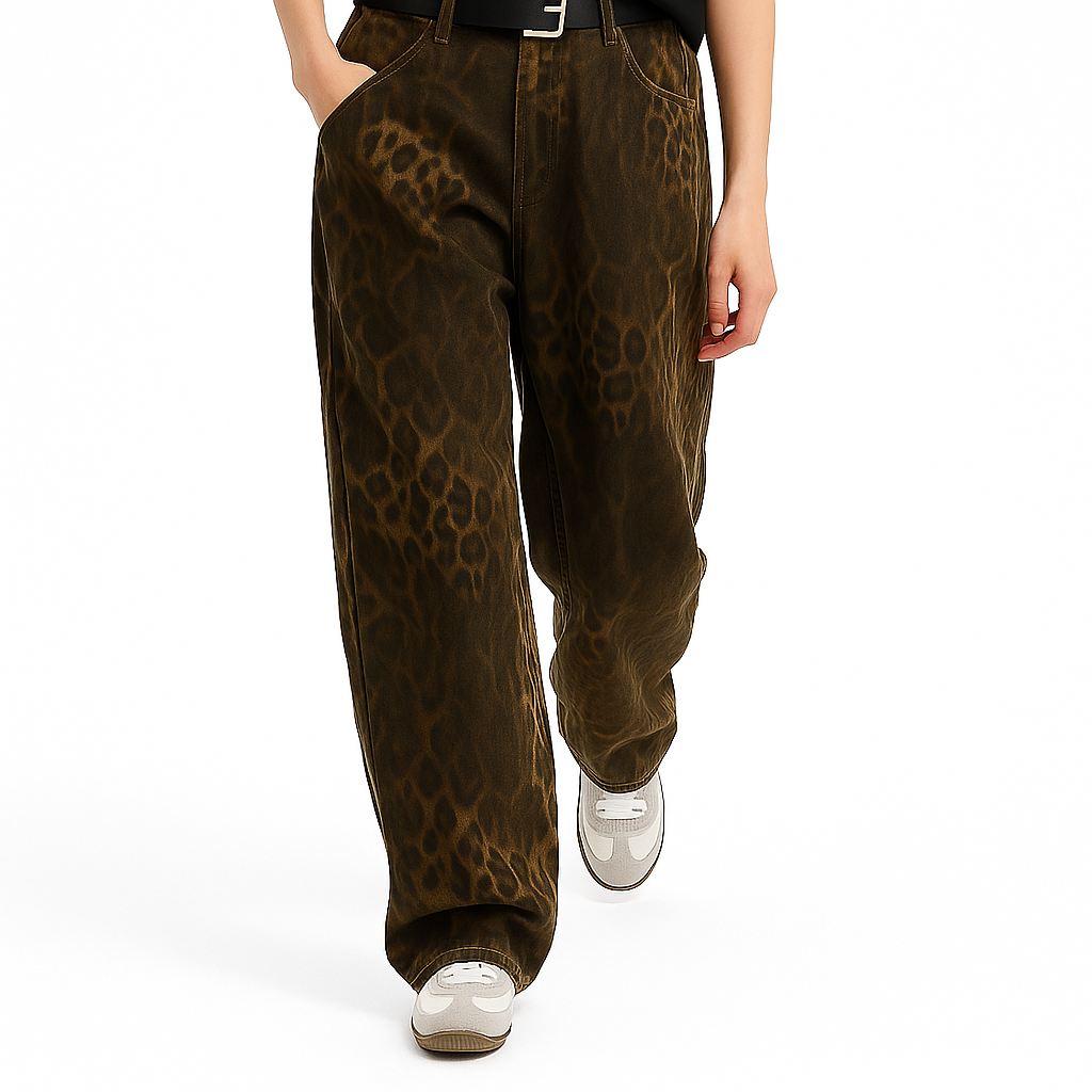 Dame Jeans med Leopardmønster | Løs Pasform | Høj Talje | Vintage Streetwear Stil