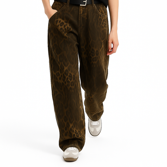Dame Jeans med Leopardmønster | Løs Pasform | Høj Talje | Vintage Streetwear Stil