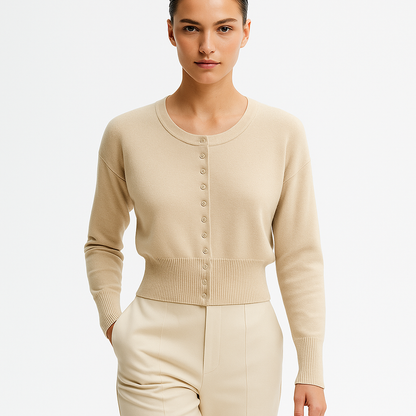 Beige strik cardigan til kvinder | Cropped model med knapper | Ribbet talje og rund hals