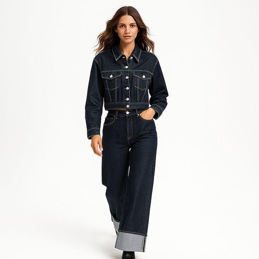 Kvinders denim sæt | Kort jakke og vide jeans | Klassisk look i mørk vask