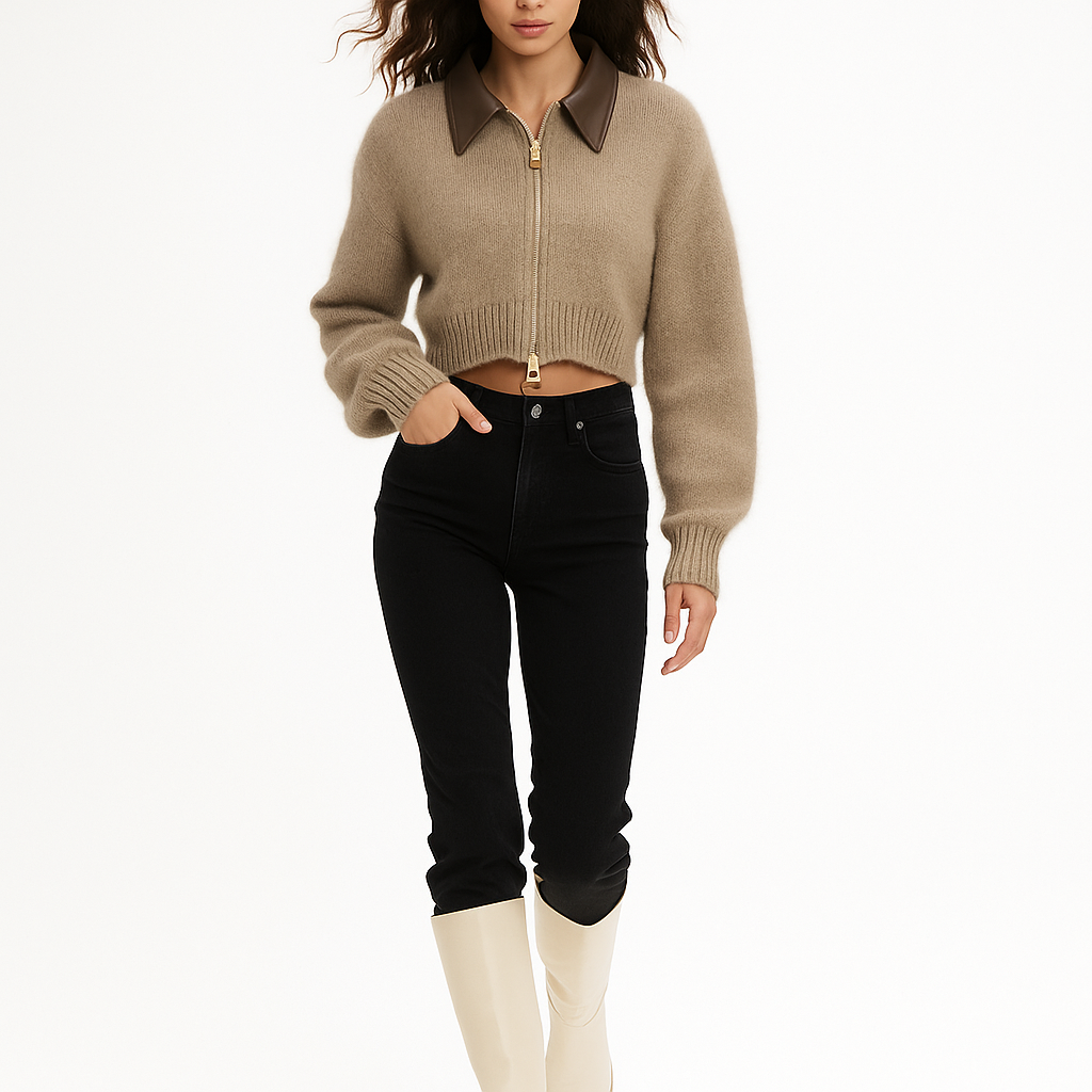 Kvinders Kort Strikcardigan med Lynlås og Læderkrave | Blød Struktur | Elegant og Moderne til Efterår og Vinter